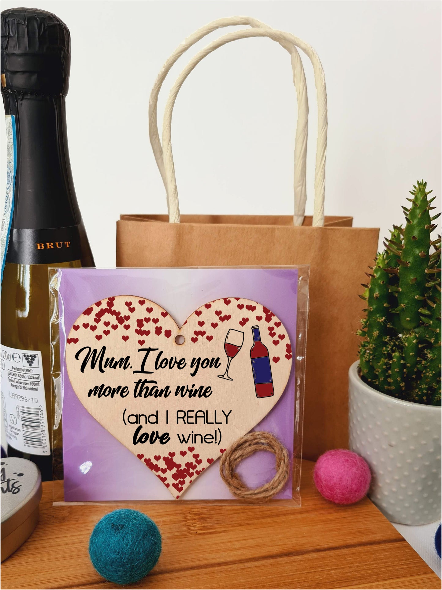 Handmade Wooden Hanging Heart Plaque Mother's Day Gift Mum I love you more than Wine Really love Wine novelty alcohol boozy funny keepsake wall hanger card alternative