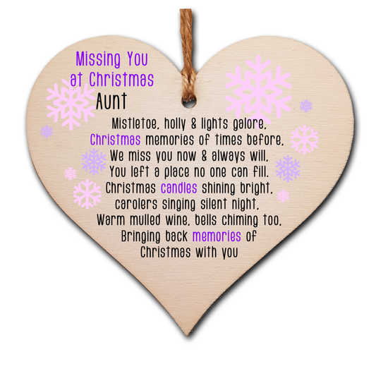 Handmade Wooden Christmas Hanging Heart Plaque Gift Missing you at Xmas sentimental rememberance present tree decoration pink snowflakes lost loved ones