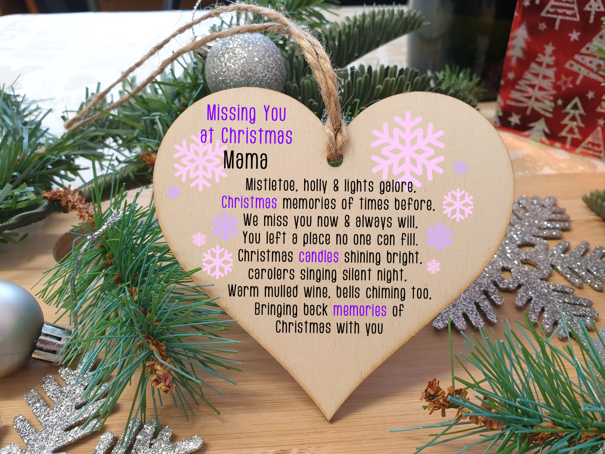 Handmade Wooden Christmas Hanging Heart Plaque Gift Missing you at Xmas sentimental rememberance present tree decoration pink snowflakes lost loved ones