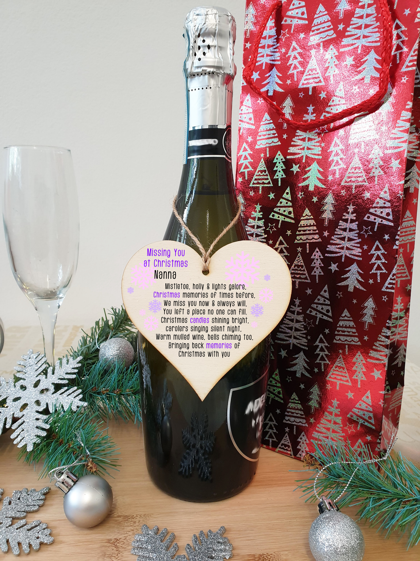 Handmade Wooden Christmas Hanging Heart Plaque Gift Missing you at Xmas sentimental rememberance present tree decoration pink snowflakes lost loved ones