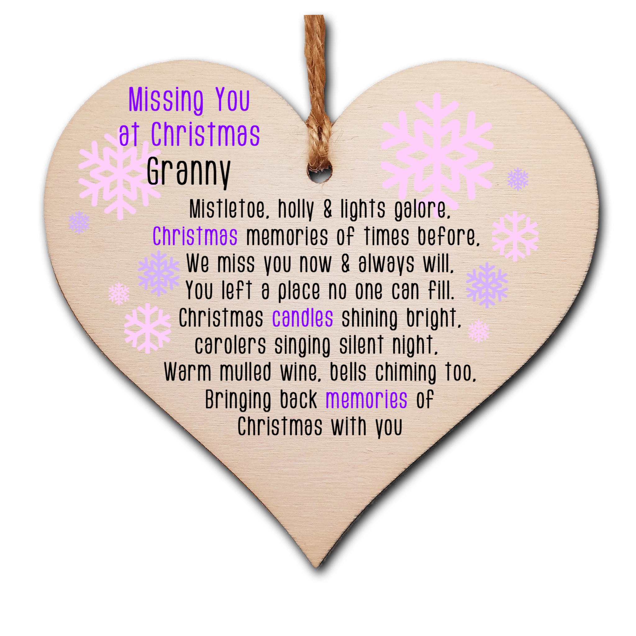 Handmade Wooden Christmas Hanging Heart Plaque Gift Missing you at Xmas sentimental rememberance present tree decoration pink snowflakes lost loved ones