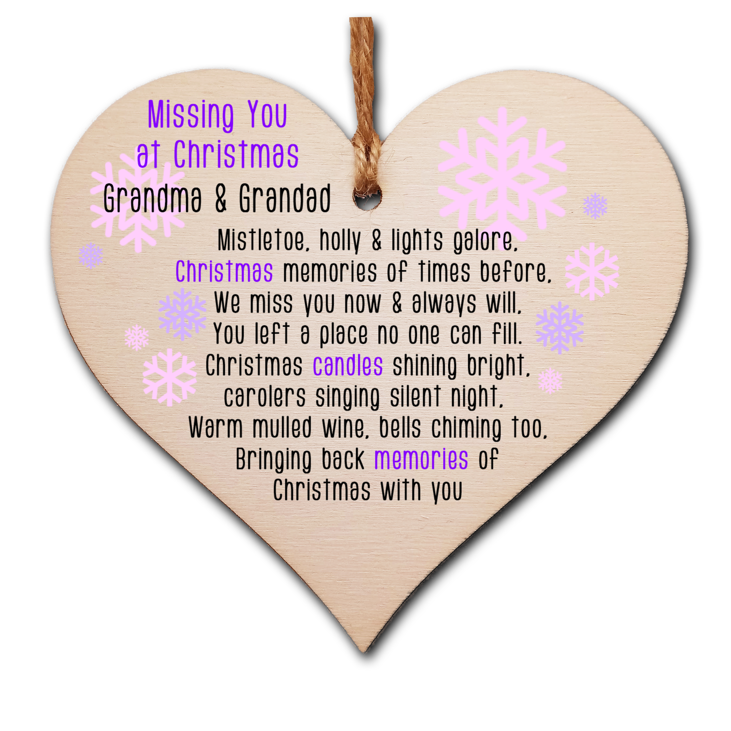Handmade Wooden Christmas Hanging Heart Plaque Gift Missing you at Xmas sentimental rememberance present tree decoration pink snowflakes lost loved ones