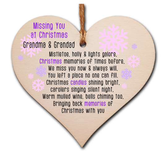 Handmade Wooden Christmas Hanging Heart Plaque Gift Missing you at Xmas sentimental rememberance present tree decoration pink snowflakes lost loved ones