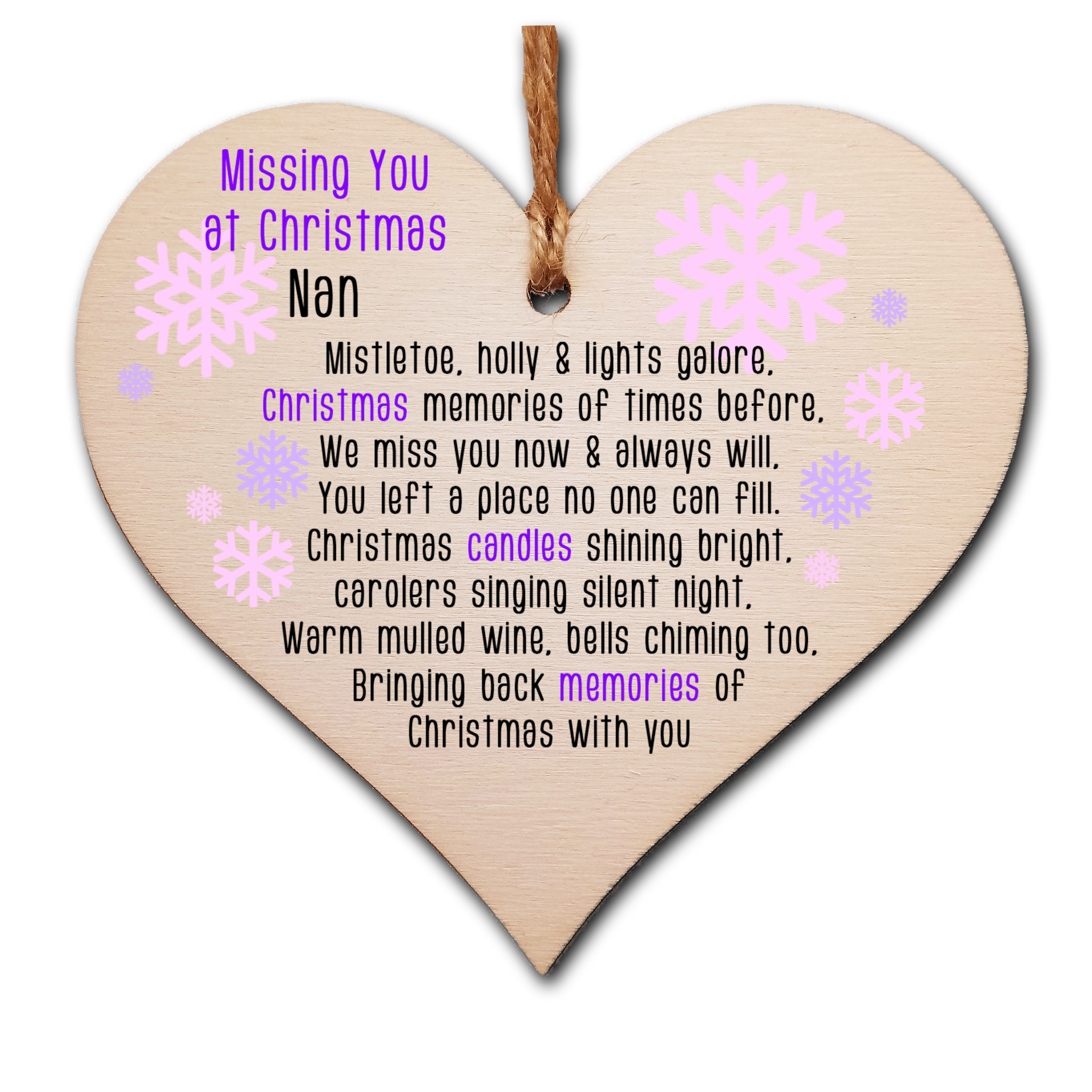 Handmade Wooden Christmas Hanging Heart Plaque Gift Missing you at Xmas sentimental rememberance present tree decoration pink snowflakes lost loved ones