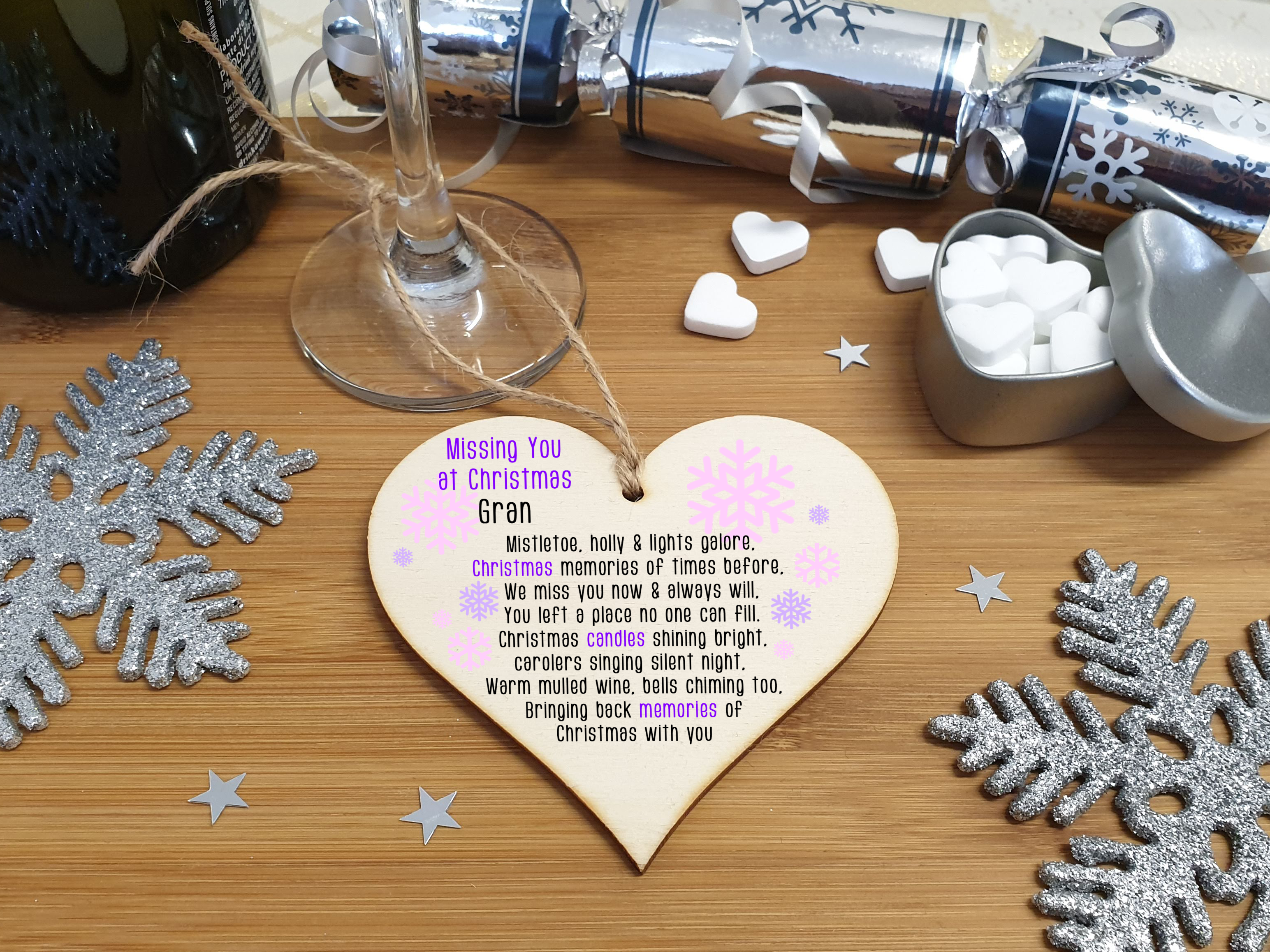 Handmade Wooden Christmas Hanging Heart Plaque Gift Missing you at Xmas sentimental rememberance present tree decoration pink snowflakes lost loved ones