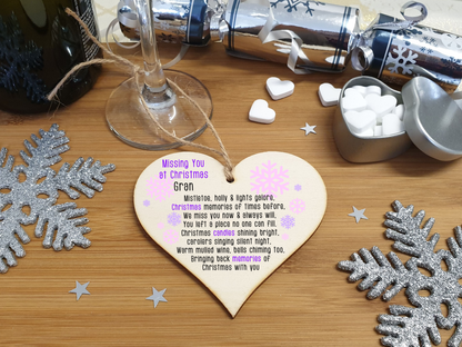 Handmade Wooden Christmas Hanging Heart Plaque Gift Missing you at Xmas sentimental rememberance present tree decoration pink snowflakes lost loved ones