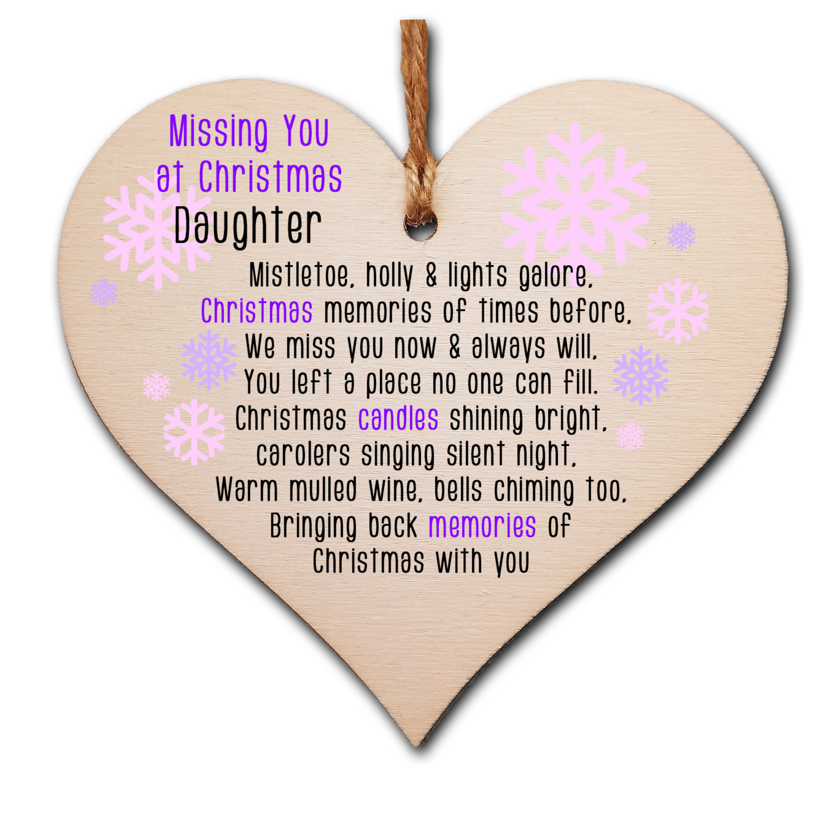 Handmade Wooden Christmas Hanging Heart Plaque Gift Missing you at Xmas sentimental rememberance present tree decoration pink snowflakes lost loved ones