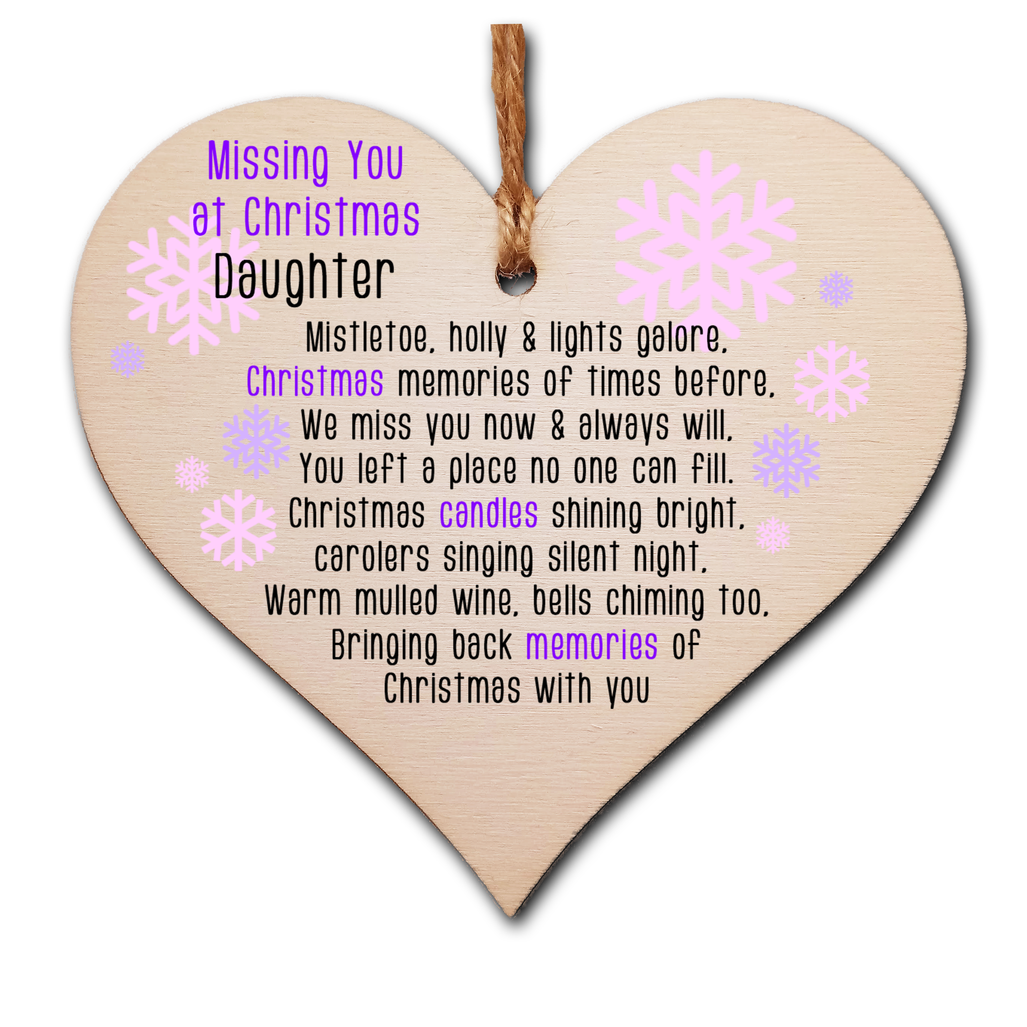 Handmade Wooden Christmas Hanging Heart Plaque Gift Missing you at Xmas sentimental rememberance present tree decoration pink snowflakes lost loved ones