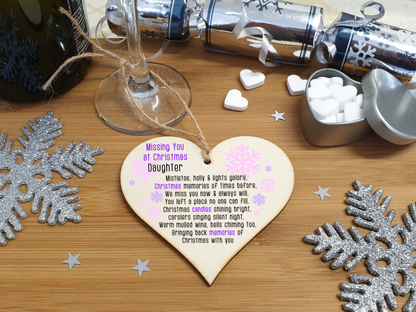 Handmade Wooden Christmas Hanging Heart Plaque Gift Missing you at Xmas sentimental rememberance present tree decoration pink snowflakes lost loved ones