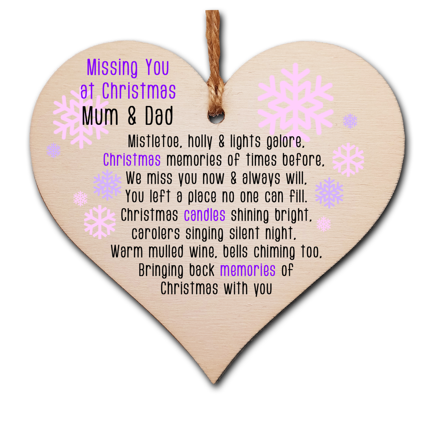 Handmade Wooden Christmas Hanging Heart Plaque Gift Missing you at Xmas sentimental rememberance present tree decoration pink snowflakes lost loved ones