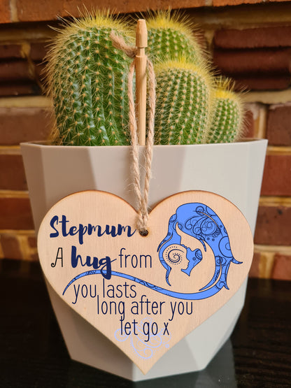 Handmade Wooden Hanging Heart Plaque Mother's Day Gift perfect for Stepmum loving thoughtful special keepsake A hug from you lasts long after you let go card alternative from stepkids wall hanger