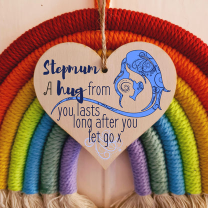 Handmade Wooden Hanging Heart Plaque Mother's Day Gift perfect for Stepmum loving thoughtful special keepsake A hug from you lasts long after you let go card alternative from stepkids wall hanger