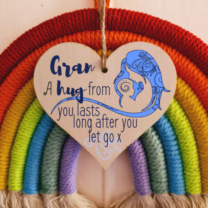 Handmade Wooden Hanging Heart Plaque Mother's Day Gift perfect for Gran loving thoughtful special keepsake A hug from you lasts long after you let go card alternative from grandchildren wall hanger