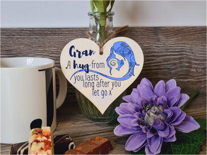 Handmade Wooden Hanging Heart Plaque Mother's Day Gift perfect for Gran loving thoughtful special keepsake A hug from you lasts long after you let go card alternative from grandchildren wall hanger
