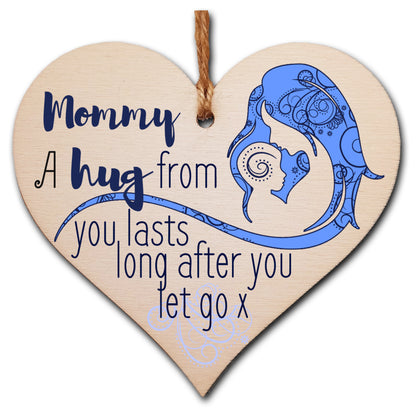 Handmade Wooden Hanging Heart Plaque Mother's Day Gift perfect for Mommy loving thoughtful special keepsake A hug from you lasts long after you let go card alternative from kids wall hanger