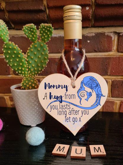 Handmade Wooden Hanging Heart Plaque Mother's Day Gift perfect for Mommy loving thoughtful special keepsake A hug from you lasts long after you let go card alternative from kids wall hanger