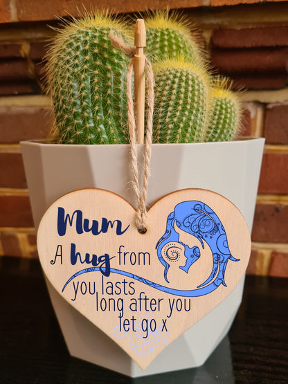 Handmade Wooden Hanging Heart Plaque Mother's Day Gift perfect for Mum loving thoughtful special keepsake A hug from you lasts long after you let go card alternative from kids wall hanger