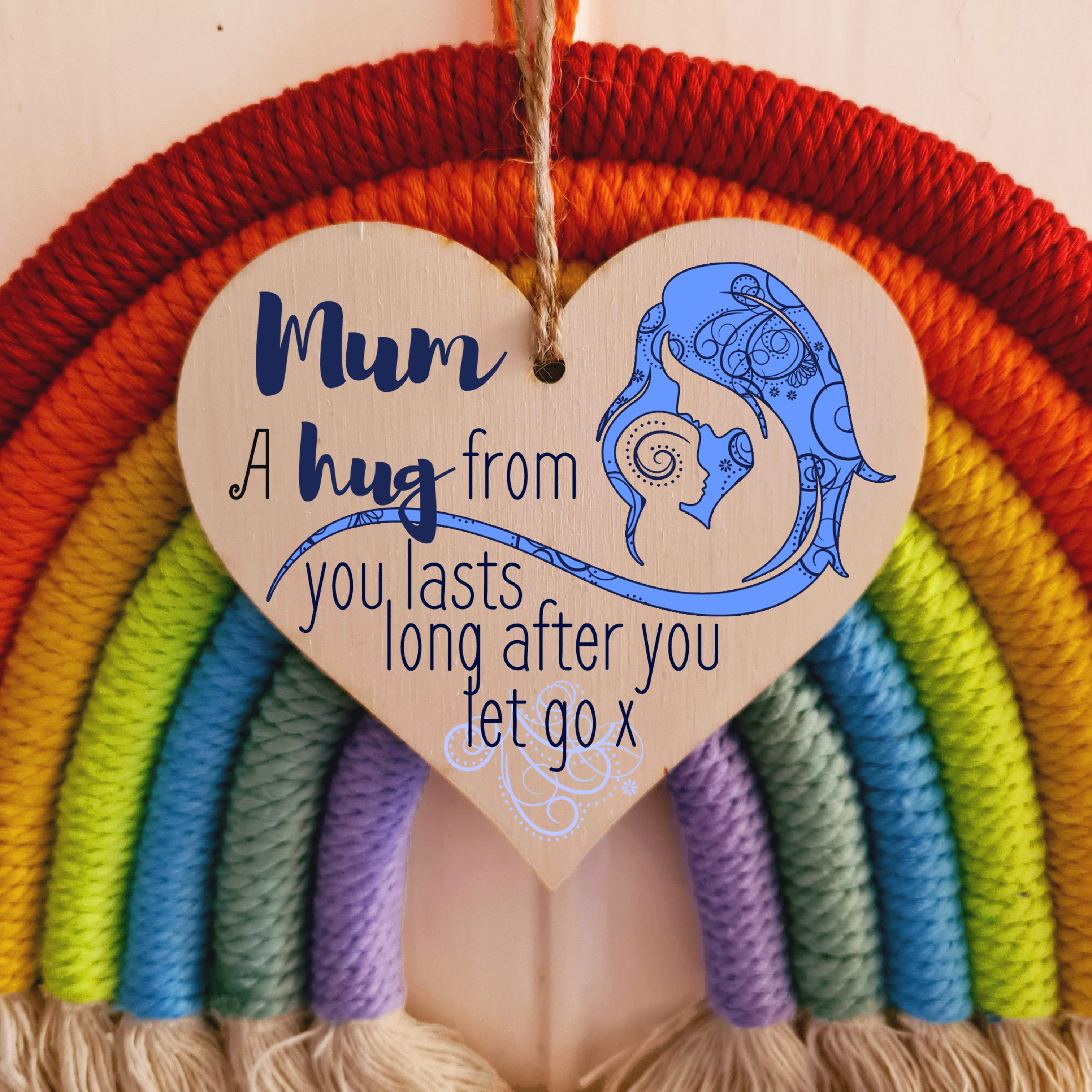 Handmade Wooden Hanging Heart Plaque Mother's Day Gift perfect for Mum loving thoughtful special keepsake A hug from you lasts long after you let go card alternative from kids wall hanger