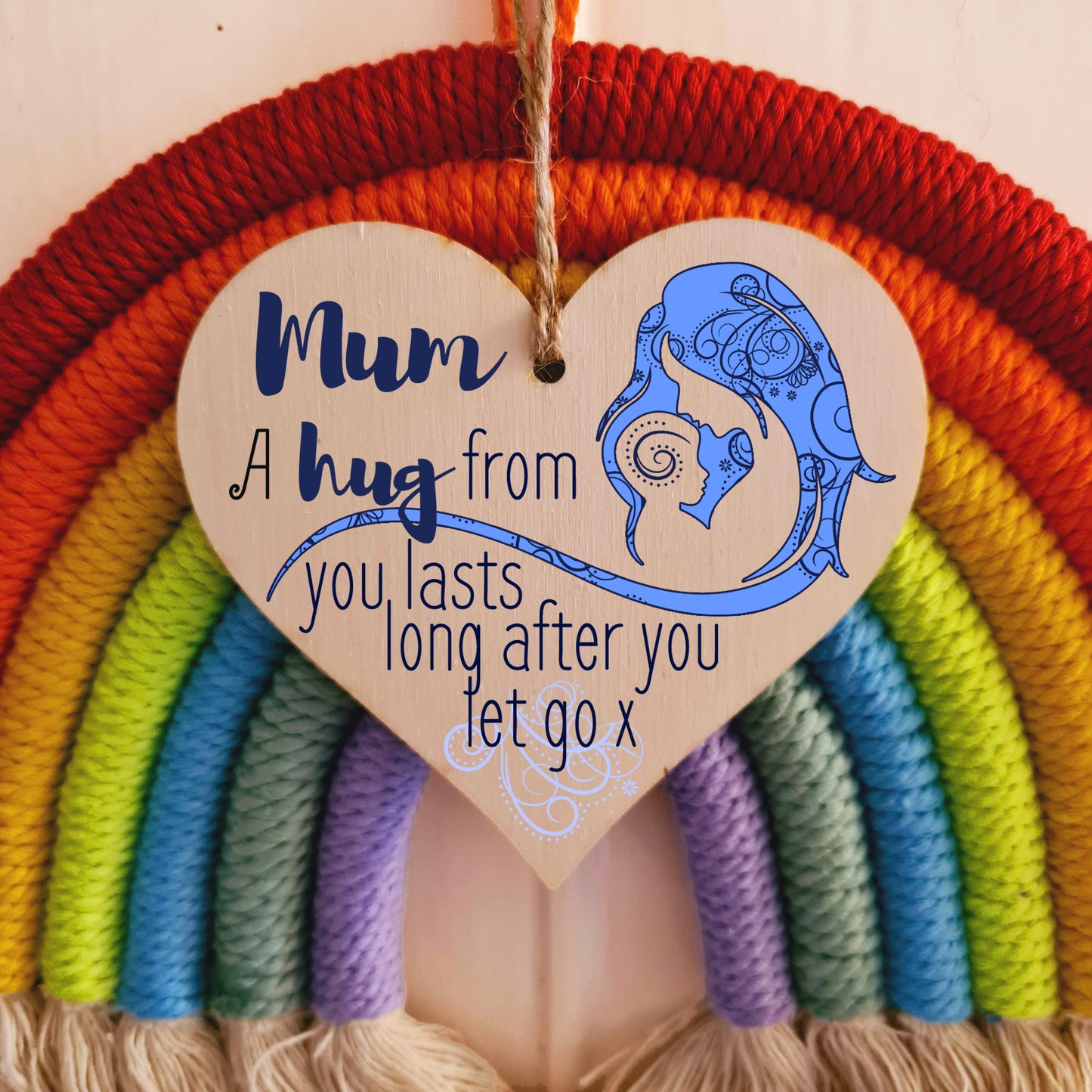 Handmade Wooden Hanging Heart Plaque Mother's Day Gift perfect for Mum loving thoughtful special keepsake A hug from you lasts long after you let go card alternative from kids wall hanger