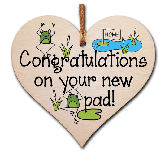 Handmade Wooden Hanging Heart Plaque Gift Congratulations on your New Pad for New Home House Warming New Couple Frog Design Present
