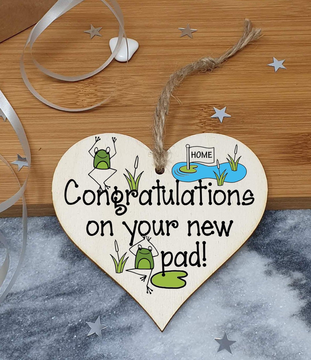 Handmade Wooden Hanging Heart Plaque Gift Congratulations on your New Pad for New Home House Warming New Couple Frog Design Present