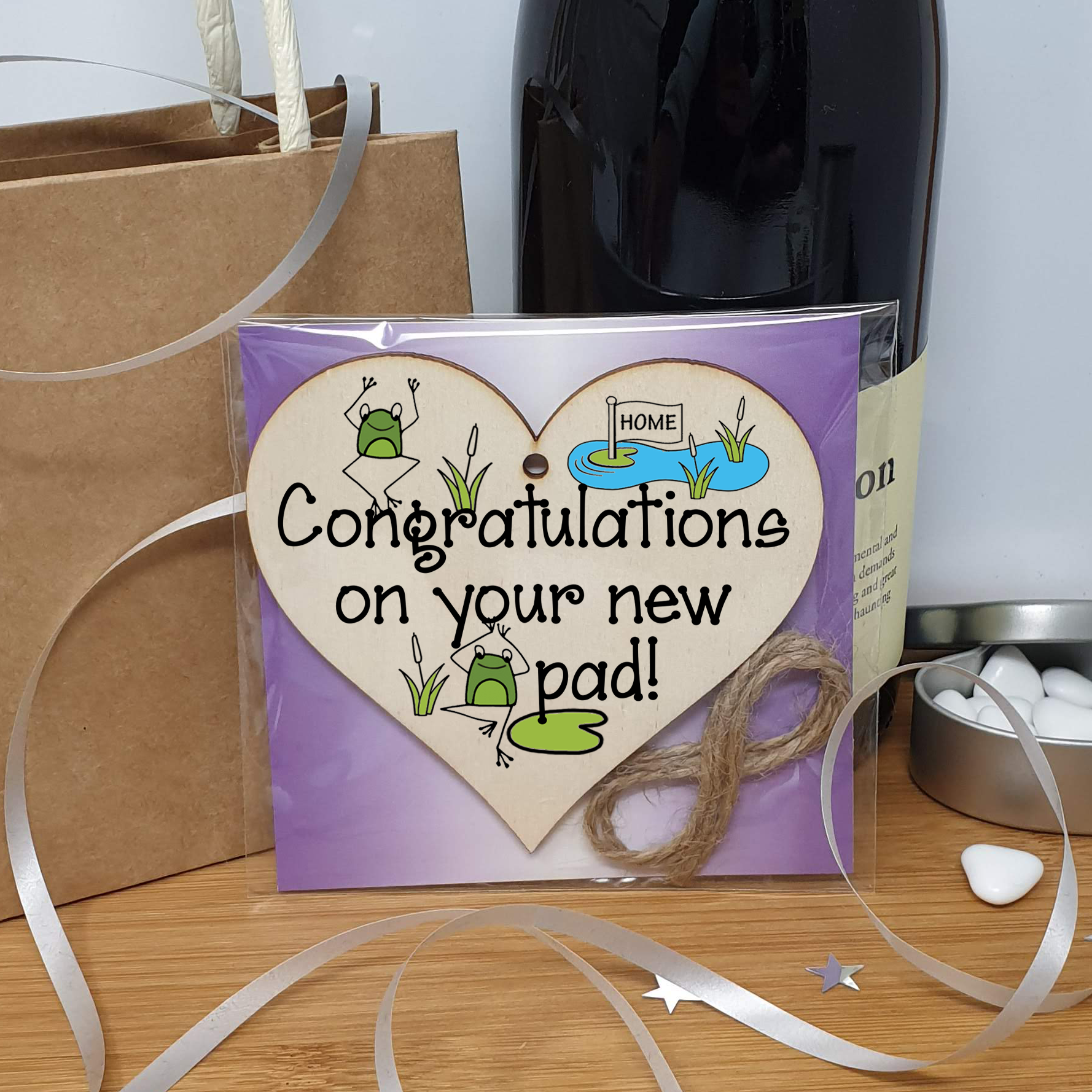 Handmade Wooden Hanging Heart Plaque Gift Congratulations on your New Pad for New Home House Warming New Couple Frog Design Present