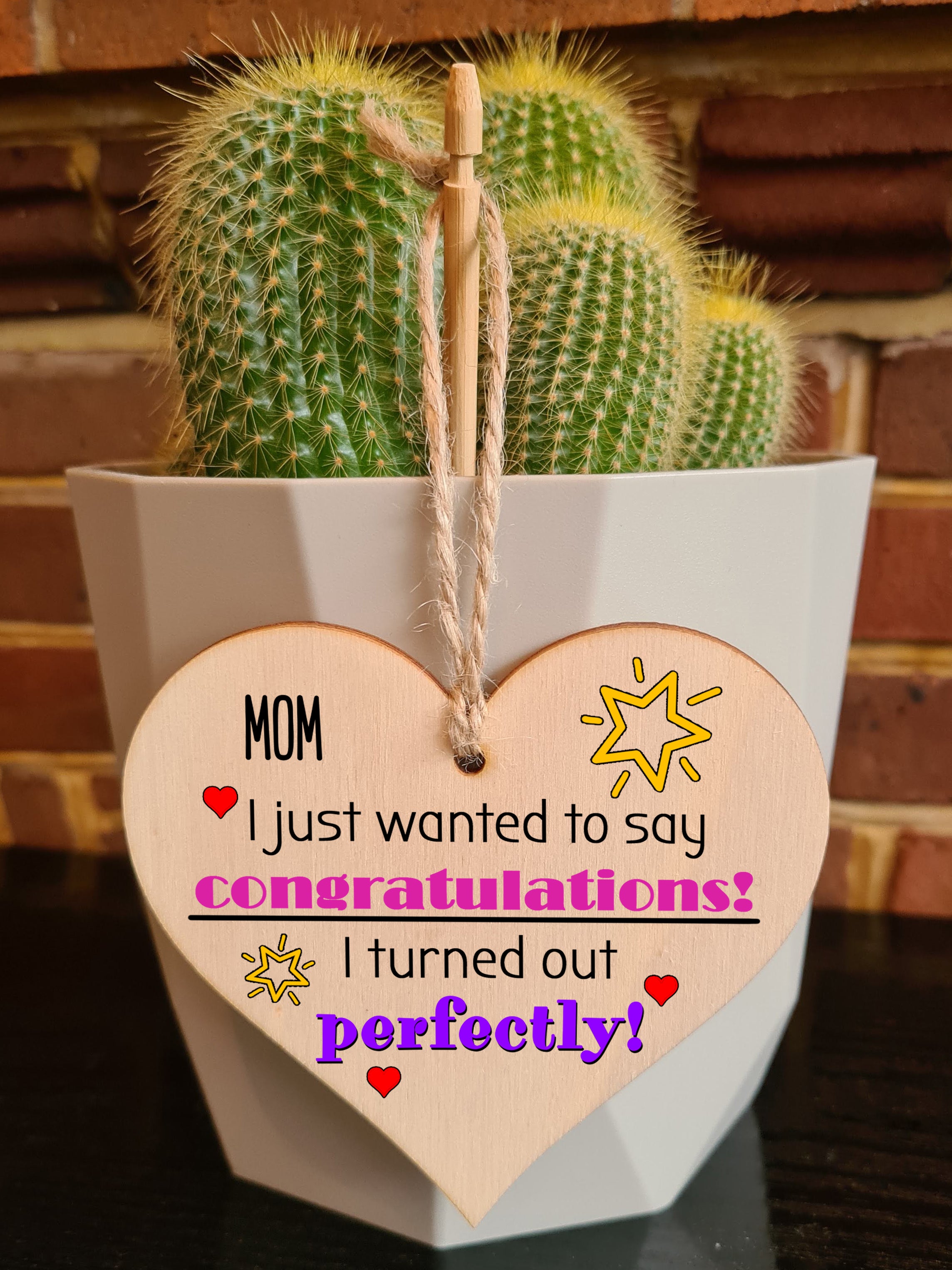 Handmade Wooden Hanging Heart Plaque Mother's Day Gift perfect for Mom novelty funny keepsake Congratulations I turned out perfect from daughter son children novelty card alternative