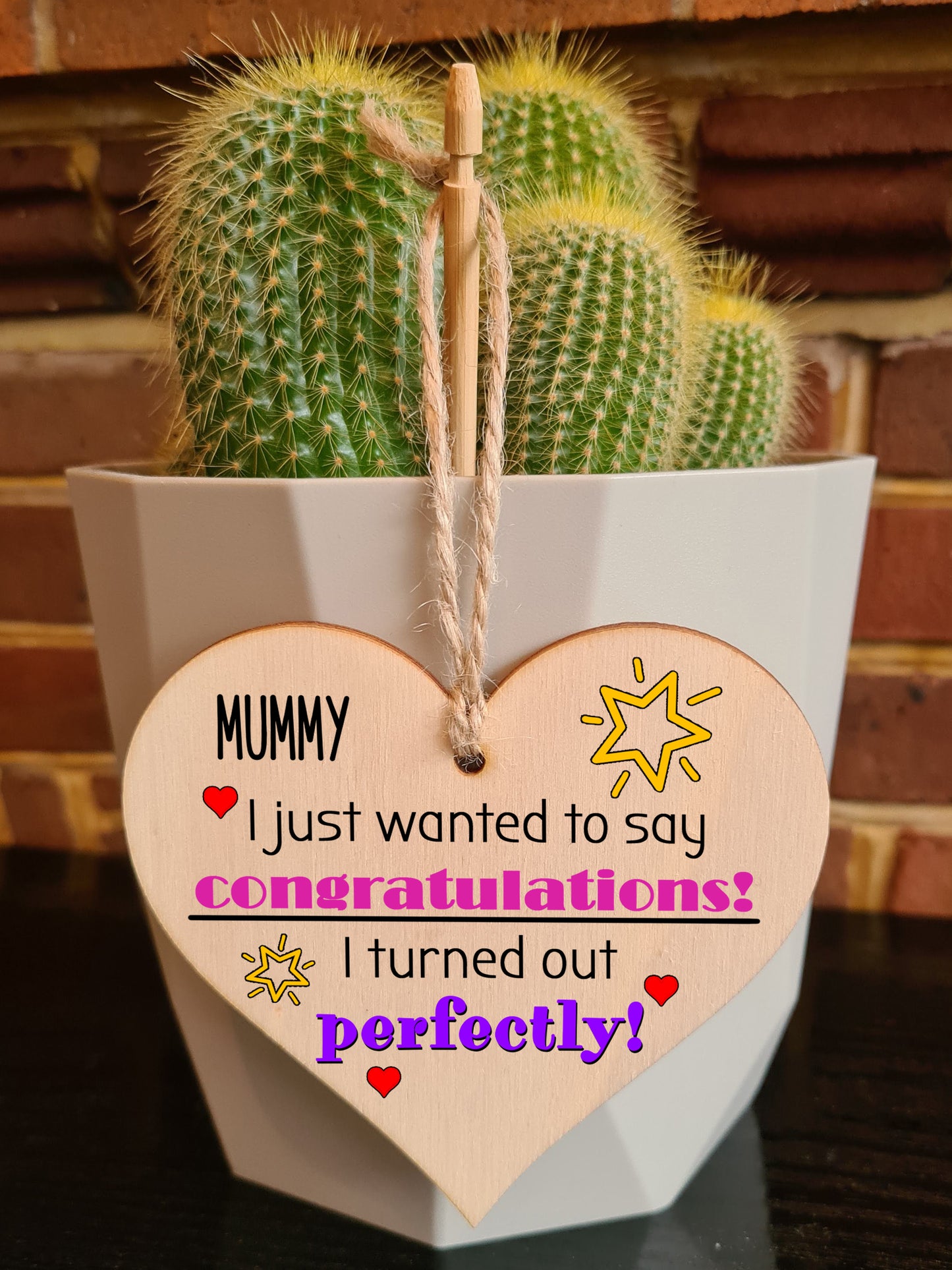 Handmade Wooden Hanging Heart Plaque Mother's Day Gift perfect for Mummy novelty funny keepsake Congratulations I turned out perfect from daughter son children novelty card alternative