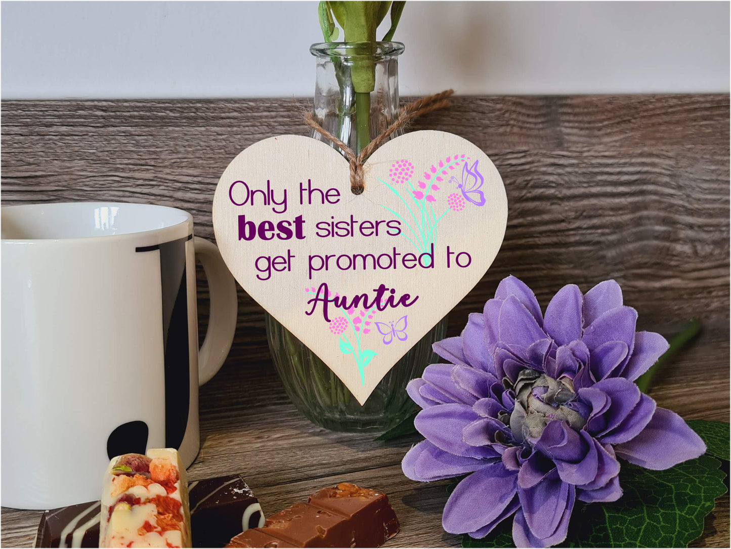 Handmade Wooden Hanging Heart Plaque Mother's Day Gift perfect for new Aunties fun special keepsake Only the best sisters get promoted from niece nephew card alternative