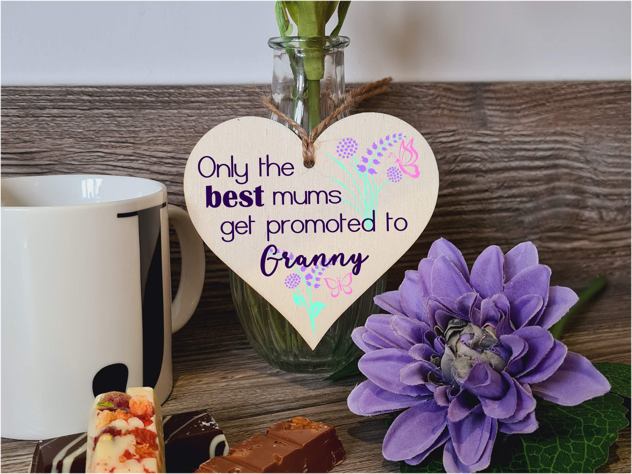 Handmade Wooden Hanging Heart Plaque Mother's Day Gift perfect for new Grannies fun special keepsake Only the best Mums get promoted from grandchildren card alternative