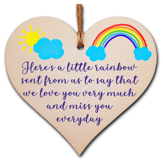 Handmade Wooden Hanging Heart Plaque Gift heres a little rainbow love you miss you long distance wall hanger cute rainbow design for family friends grandparents