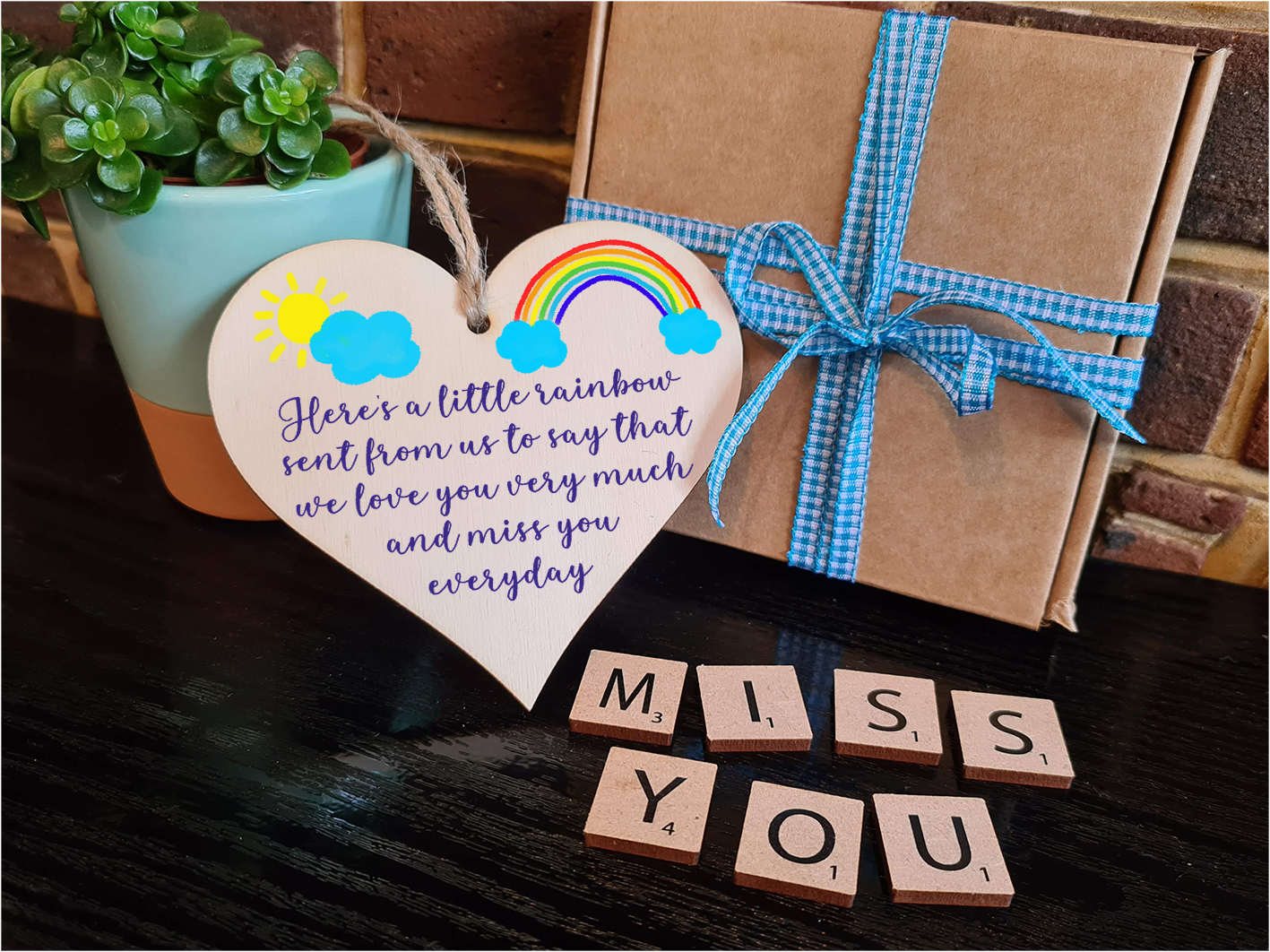 Handmade Wooden Hanging Heart Plaque Gift heres a little rainbow love you miss you long distance wall hanger cute rainbow design for family friends grandparents