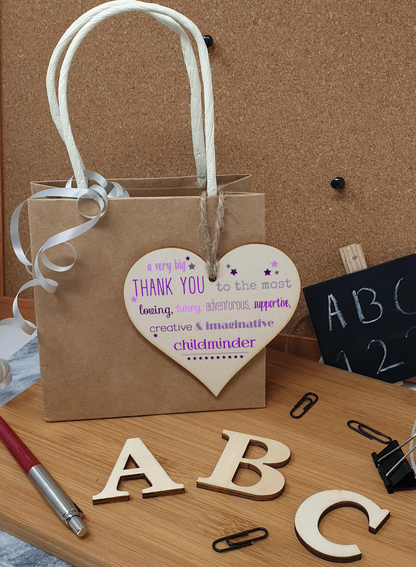 Handmade Wooden Hanging Heart Plaque Gift Very Big Thank You Childminder card alternative present from child funky wording