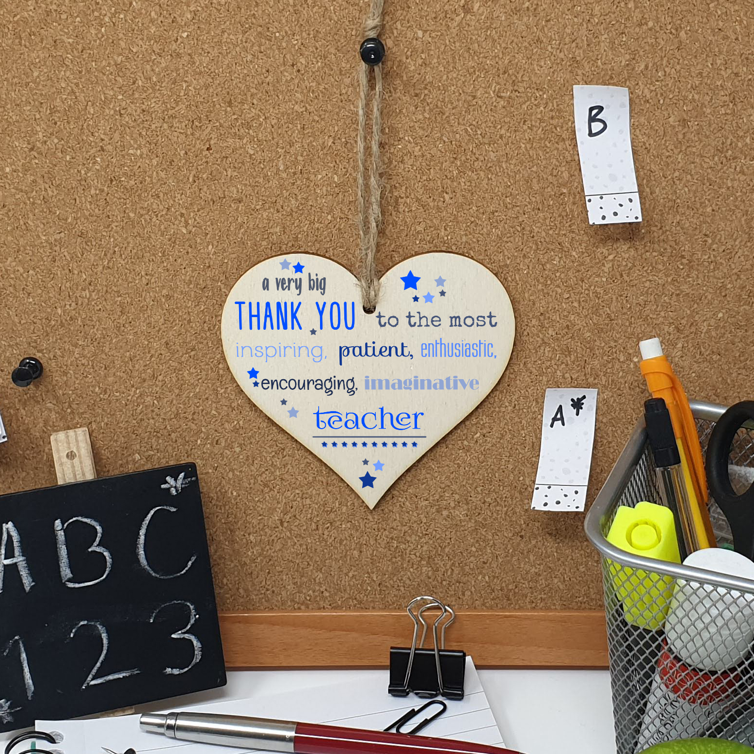 Handmade Wooden Hanging Heart Plaque Gift Very Big Thank You Teacher card alternative present from child funky wording