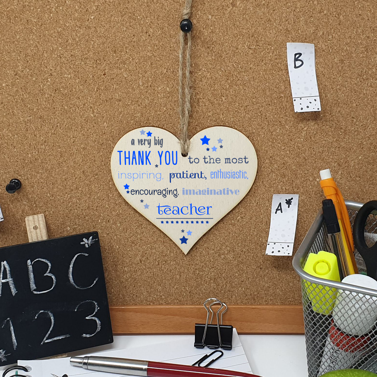 Handmade Wooden Hanging Heart Plaque Gift Very Big Thank You Teacher card alternative present from child funky wording