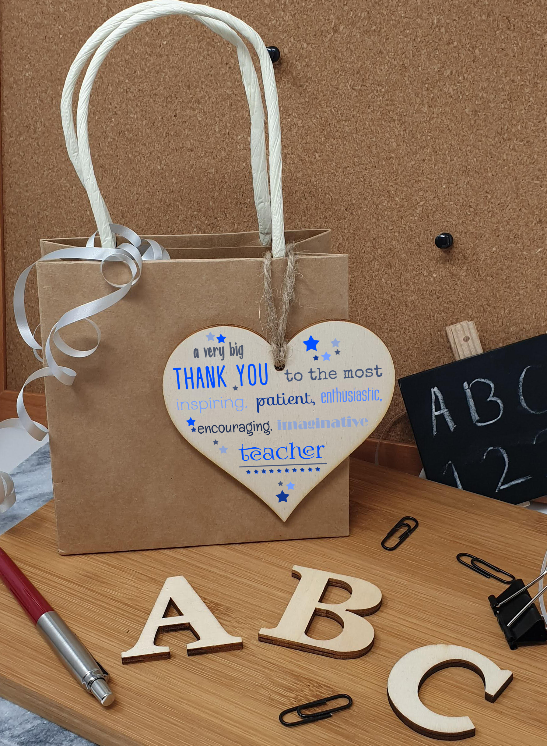 Handmade Wooden Hanging Heart Plaque Gift Very Big Thank You Teacher card alternative present from child funky wording