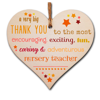 Handmade Wooden Hanging Heart Plaque Gift Very Big Thank You Nursery Teacher Careworker card alternative present from child funky wording