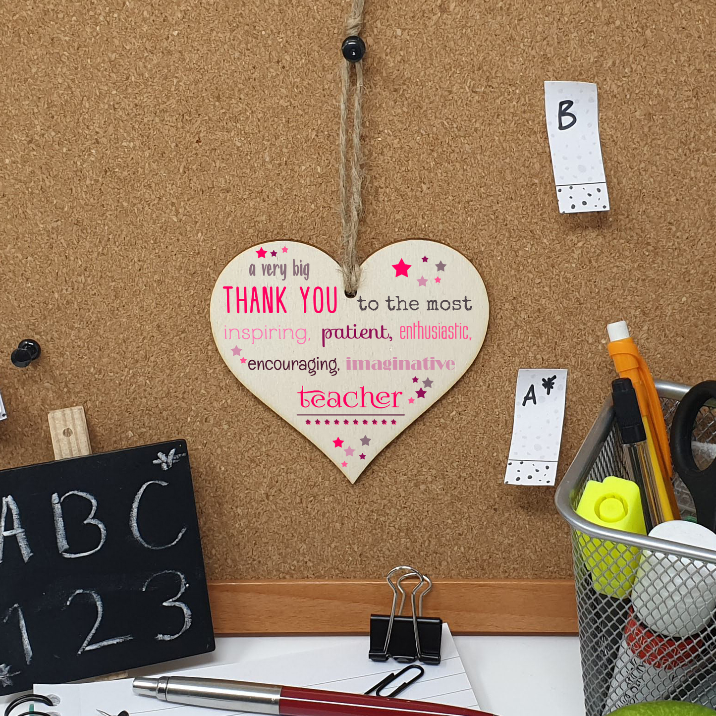 Handmade Wooden Hanging Heart Plaque Gift Very Big Thank You Teacher card alternative present from child funky wording