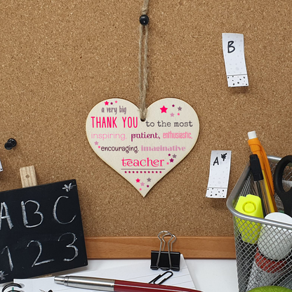 Handmade Wooden Hanging Heart Plaque Gift Very Big Thank You Teacher card alternative present from child funky wording