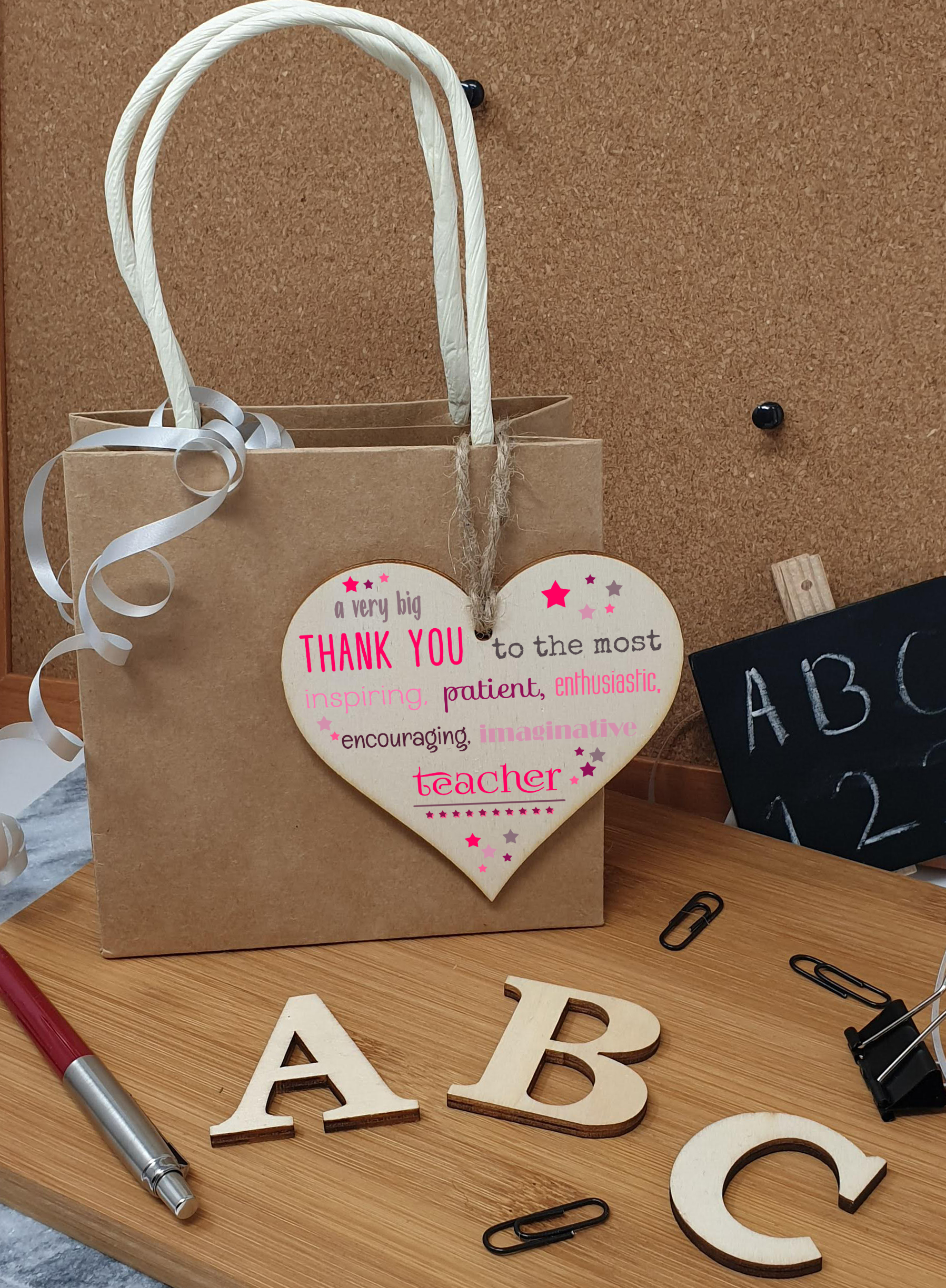 Handmade Wooden Hanging Heart Plaque Gift Very Big Thank You Teacher card alternative present from child funky wording