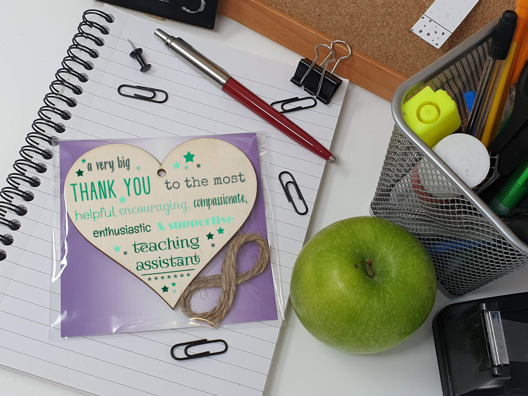 Handmade Wooden Hanging Heart Plaque Gift Very Big Thank You Teaching Assistant card alternative present from child funky wording