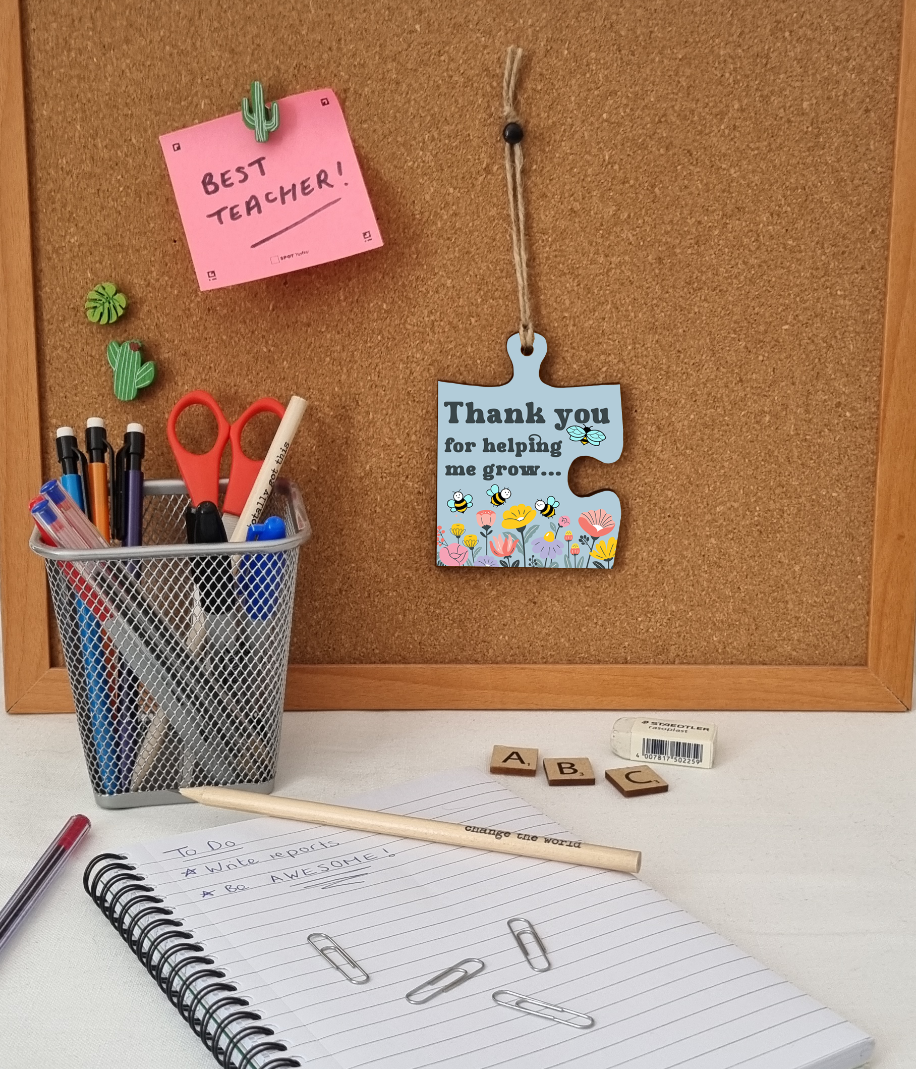 Thank You Helping Me Grow Best Teacher Jigsaw Puzzle Shaped Decorative Hanging Plaque Sign Card Alternative End of Term Gift