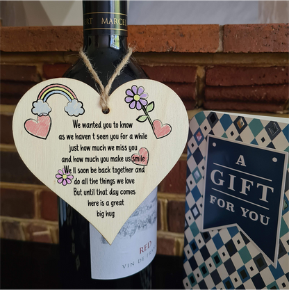 The Plum Penguin Handmade Wooden Hanging Heart Plaque Gift Haven't seen you for a while here is a hug miss you long distance wall hanger cute rainbow family friends grandparents