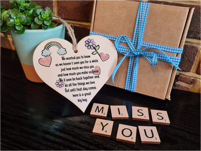 The Plum Penguin Handmade Wooden Hanging Heart Plaque Gift Haven't seen you for a while here is a hug miss you long distance wall hanger cute rainbow family friends grandparents
