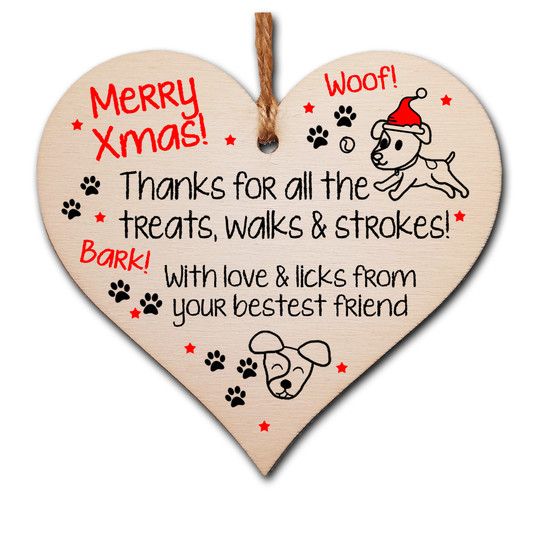 Handmade Wooden Christmas Hanging Heart Plaque Gift Merry Xmas Thanks for all the treats and walks from dog pet present dog mum dad paws cute novelty