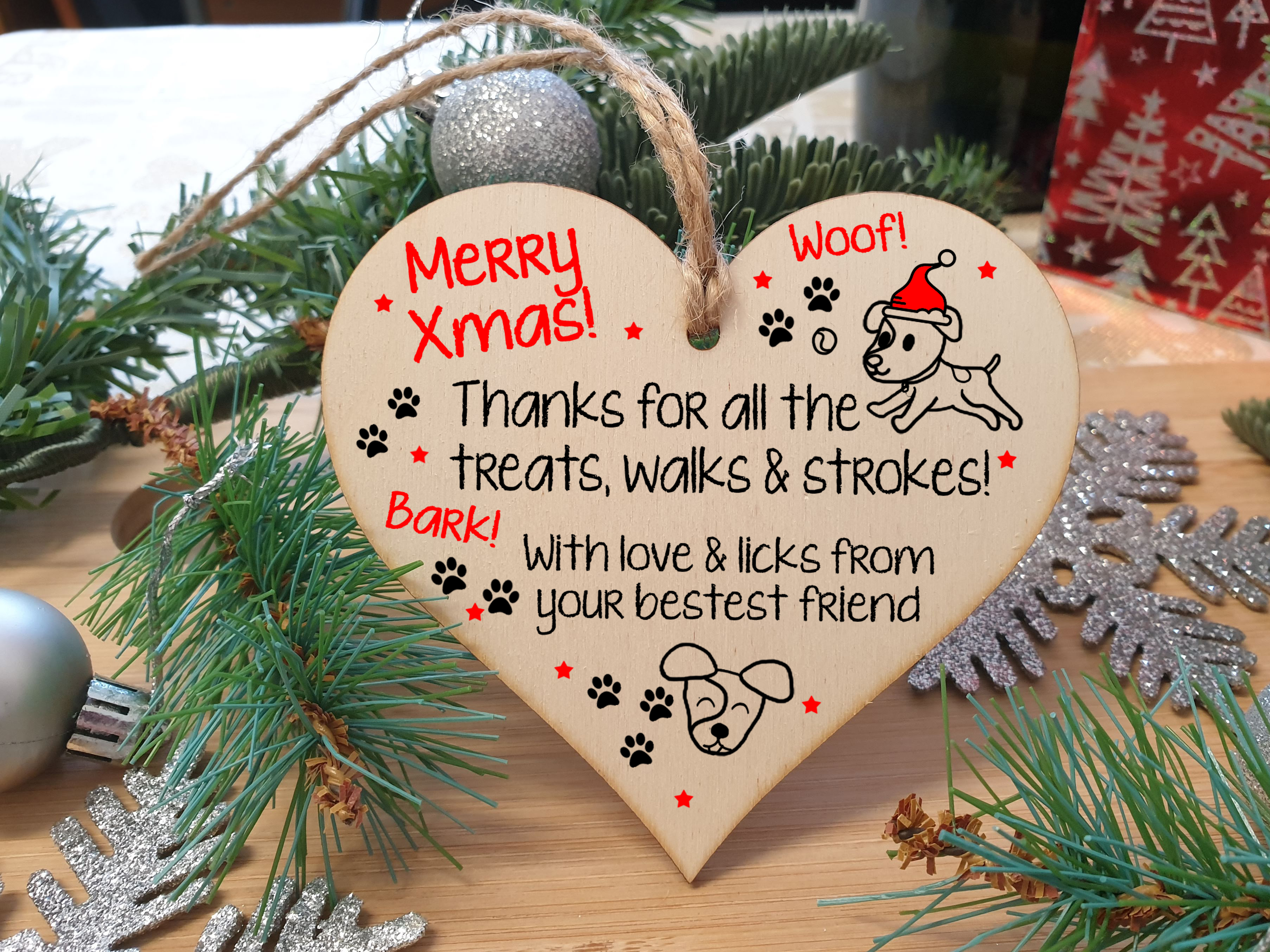 Handmade Wooden Christmas Hanging Heart Plaque Gift Merry Xmas Thanks for all the treats and walks from dog pet present dog mum dad paws cute novelty