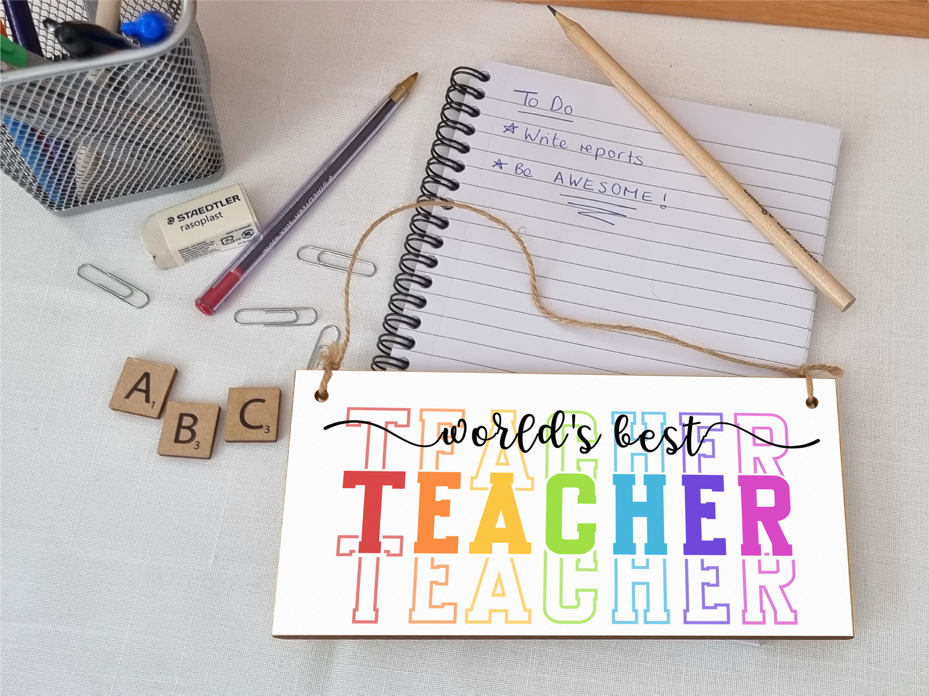 World's Best Teacher Colourful Handmade Wooden Hanging Plaque Gift Teacher Teaching Assistant End of Term