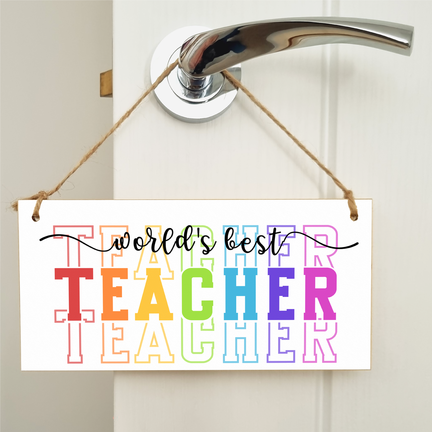 World's Best Teacher Colourful Handmade Wooden Hanging Plaque Gift Teacher Teaching Assistant End of Term