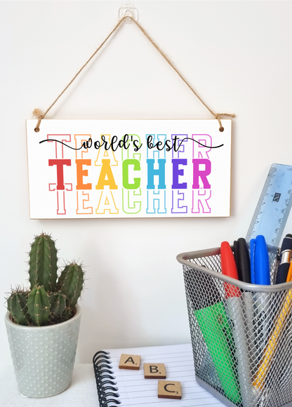 World's Best Teacher Colourful Handmade Wooden Hanging Plaque Gift Teacher Teaching Assistant End of Term