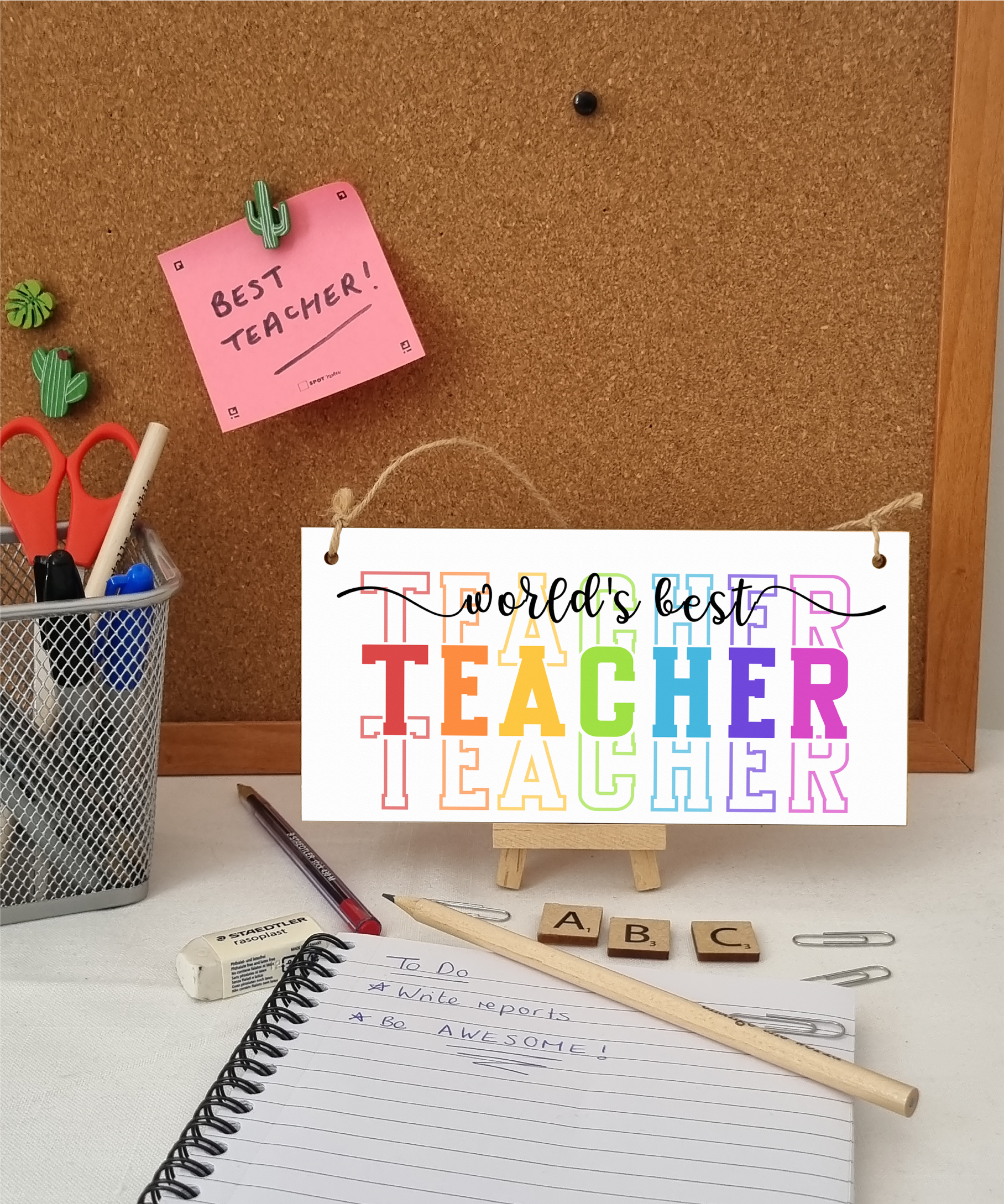 World's Best Teacher Colourful Handmade Wooden Hanging Plaque Gift Teacher Teaching Assistant End of Term